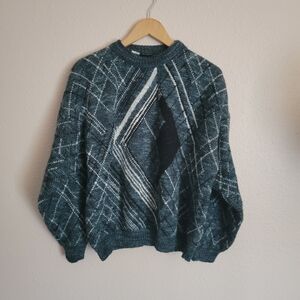 Colore Italian Vintage 90s Crewneck Teal Blue & White Patterned Sweater Wool